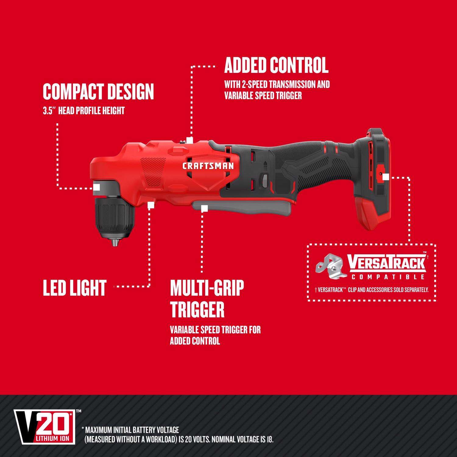 Craftsman CMCD750B V20 20 V 3/8 in. Brushed Cordless Right Angle Drill Tool Only