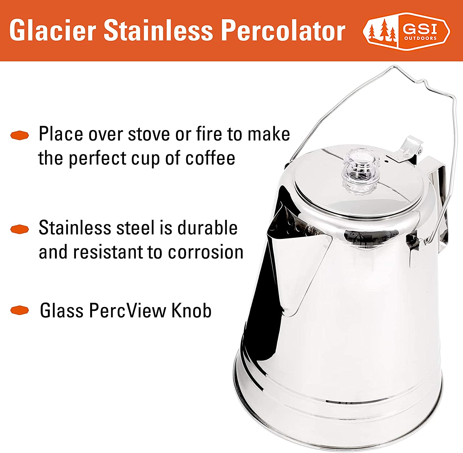 GSI Outdoors 65014 Percolator Coffee Pot I Glacier Stainless Steel Ultra-Rugged for Brewing Coffee Over Stove and Fire | Ideal for Group Camping. 14 Cup