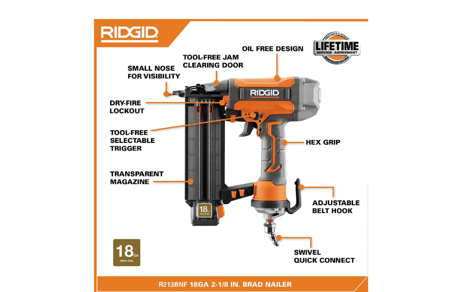 RIDGID R213BNF Pneumatic 18-Gauge 2-1/8 in. Brad Nailer with CLEAN DRIVE Technology. Tool Bag. and Sample Nails