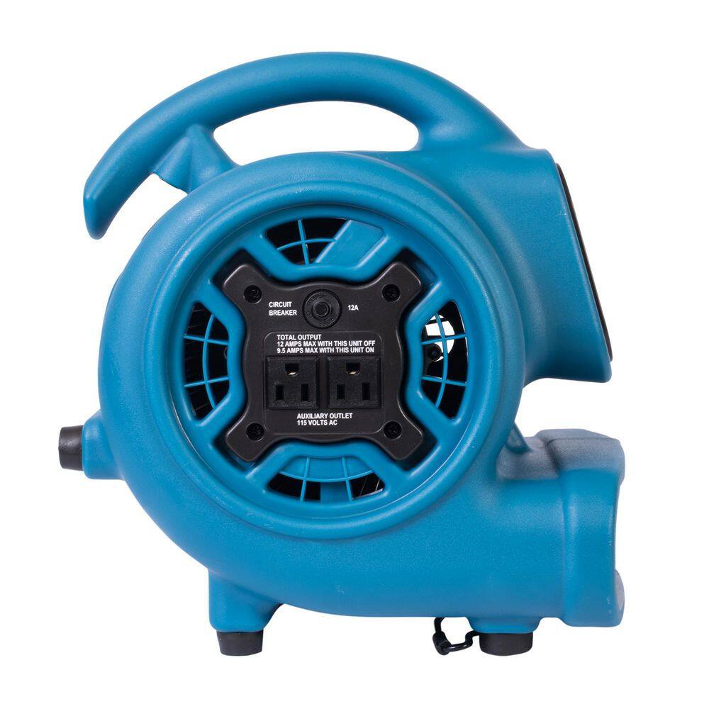 XPOWER P-230AT-Blue 925 CFM 3-Speed Multi-Purpose Mini Mighty Air Mover Utility Blower Fan with Power Outlets and Timer in Blue