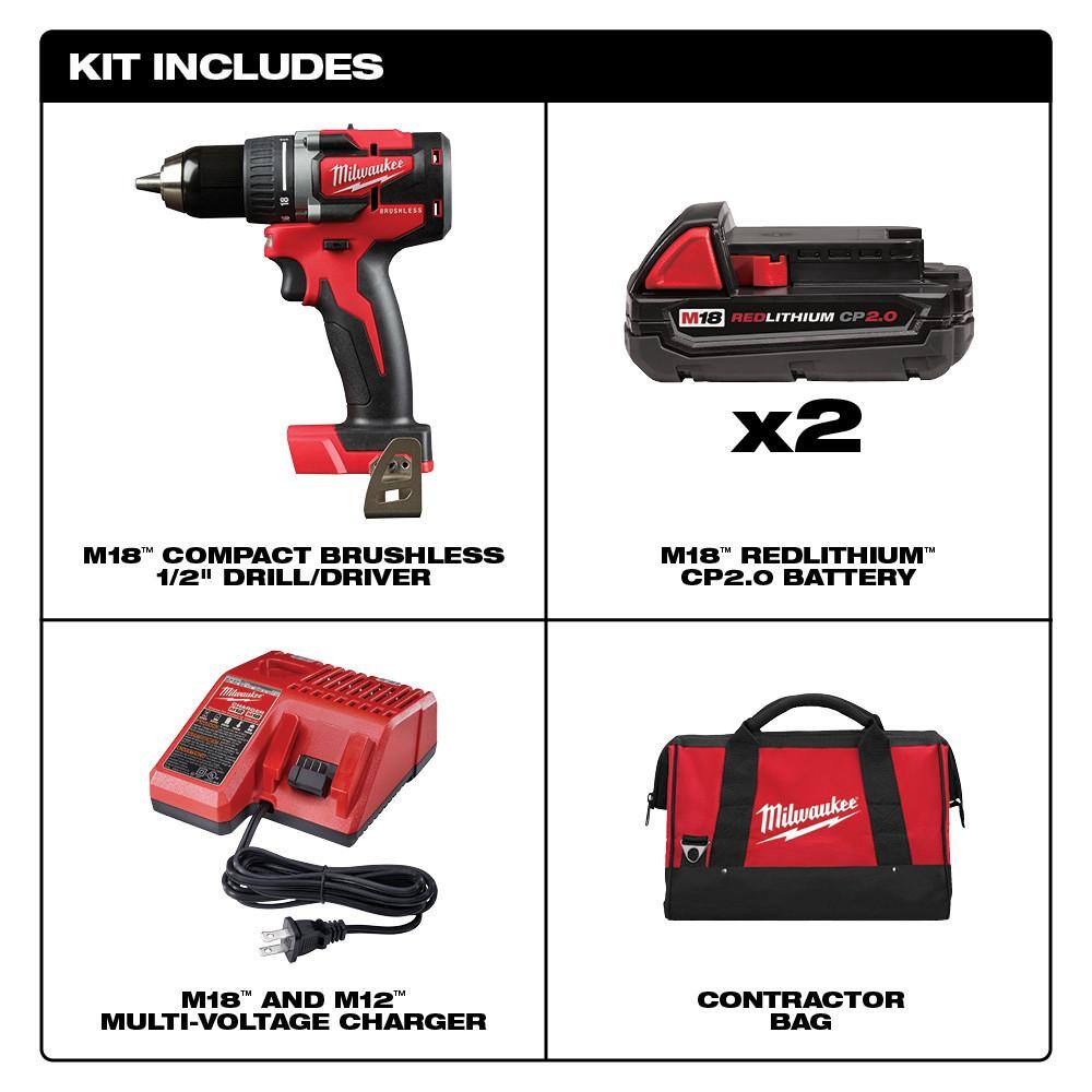 Milwaukee 2801-22CT M18 18V Lithium-Ion Brushless Cordless 1/2 in. Compact Drill/Driver Kit with (2) 2.0 Ah Batteries. Charger and Case