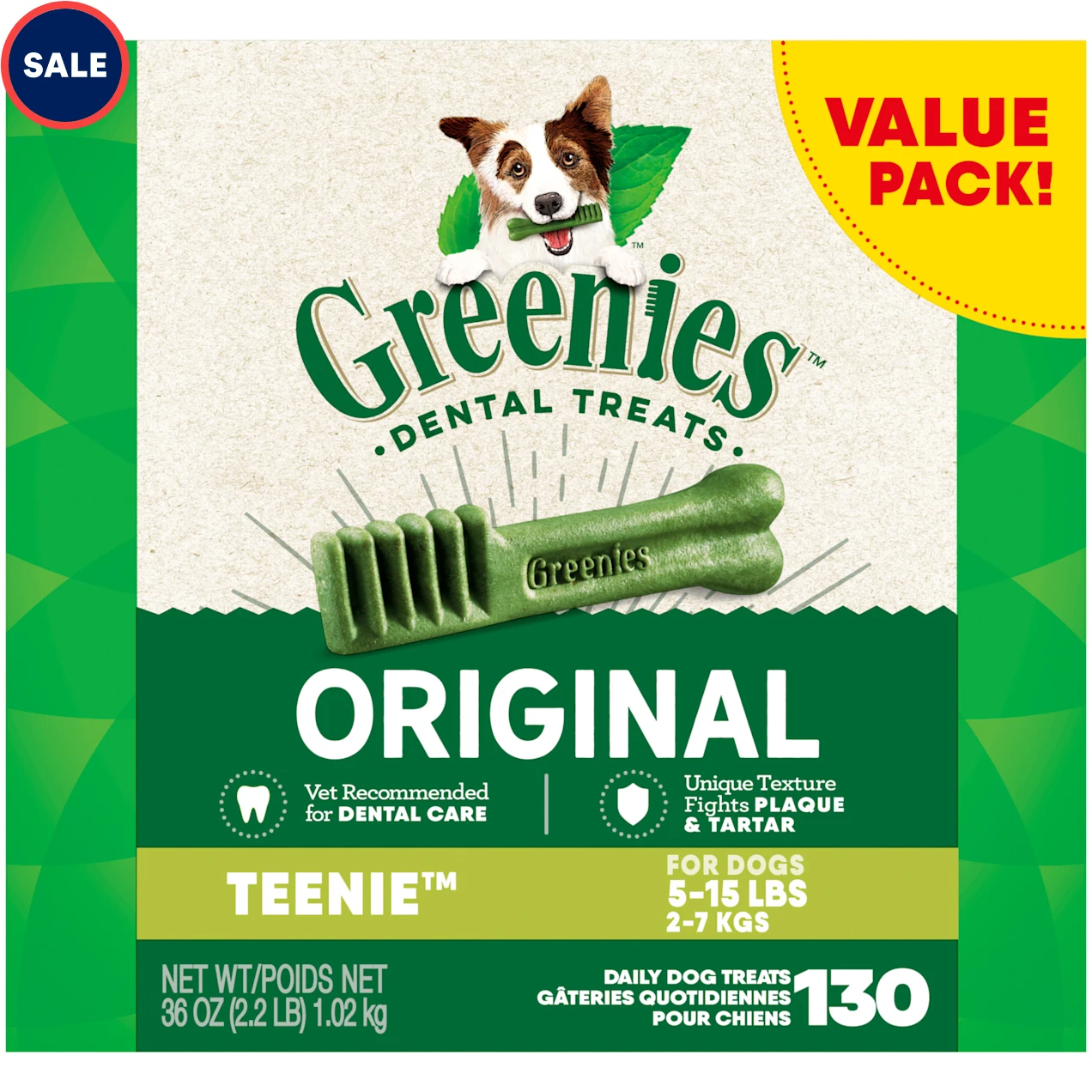 Greenies Original Teenie Natural Dog Dental Care Chews Oral Health Dog Treats. 36 oz.. Count of 130