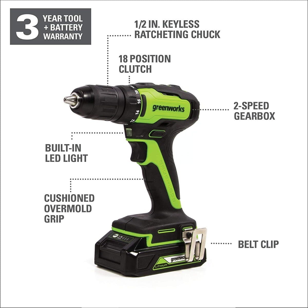 Greenworks 24V Brushless 1/2-inch Drill / Driver. Battery Not Included. 3703302AZ