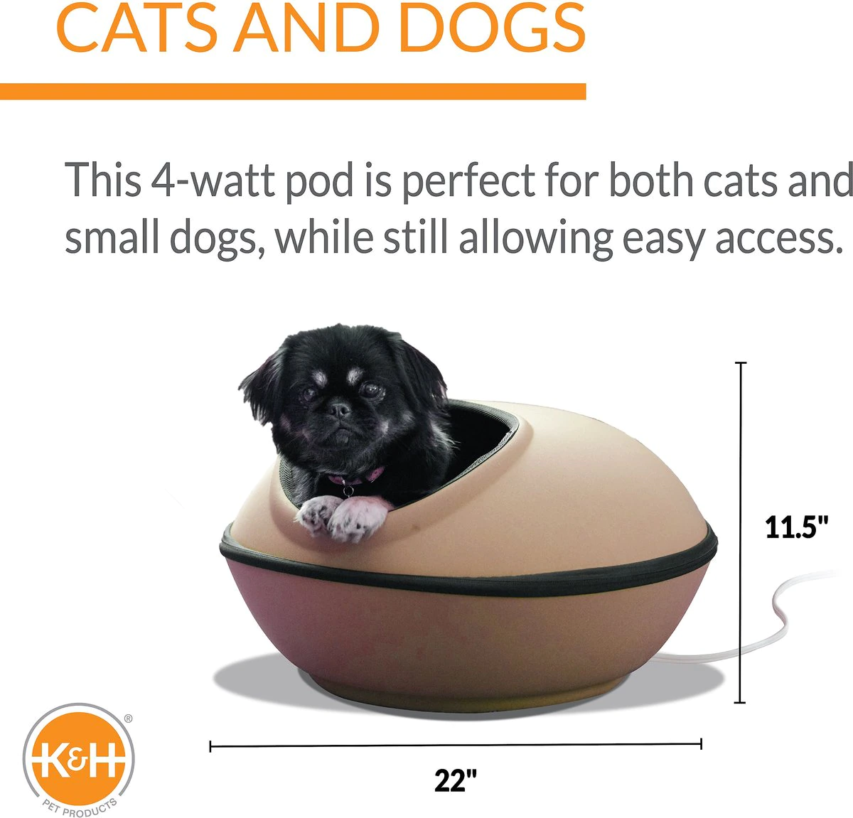 K&H PET PRODUCTS Thermo-Mod Dream Pod Heated Pet Bed 22 Inches Tan/Black