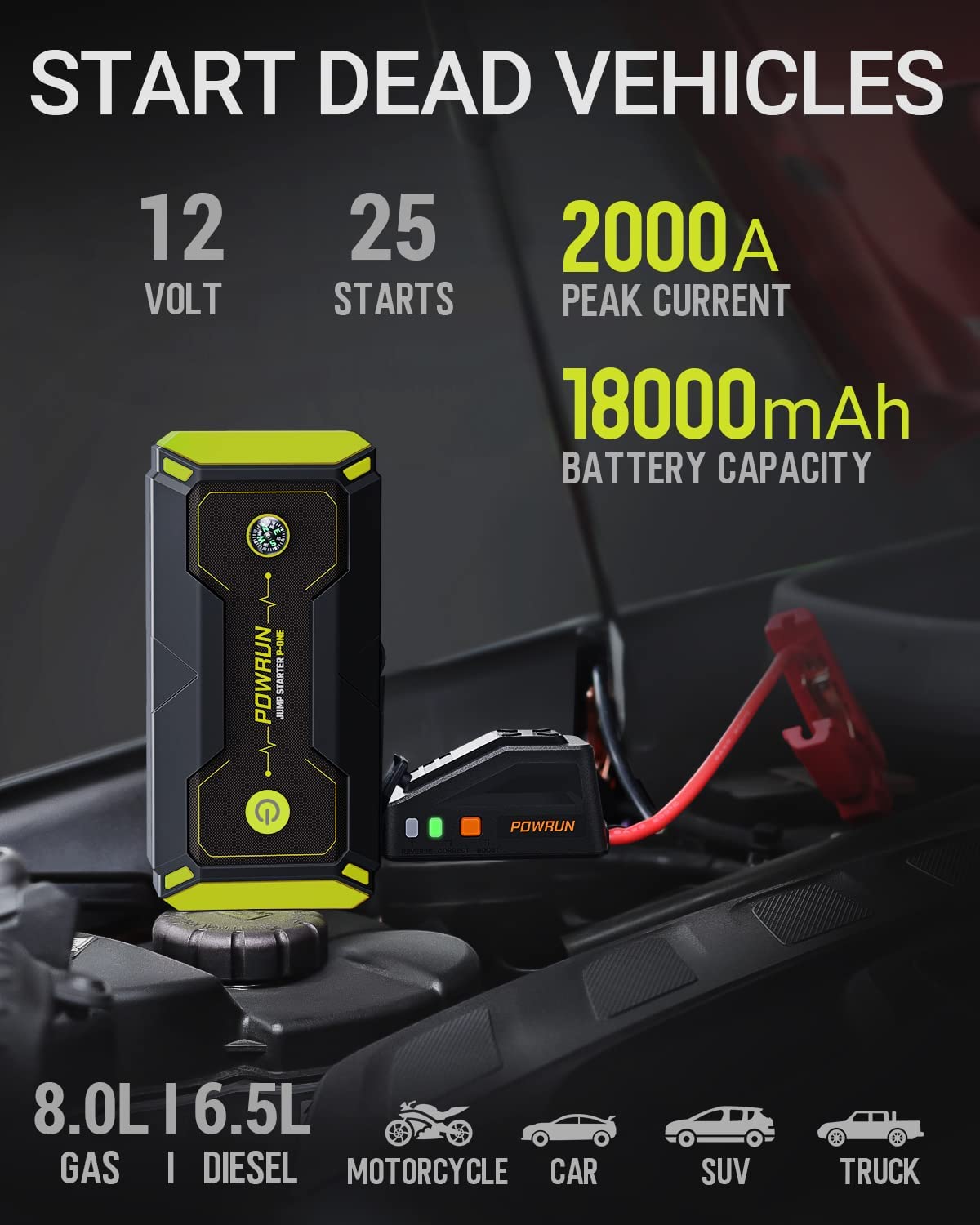 Powrun P-ONE 2000A Portable Jump Starter Box - Car Battery Booster Pack for up to 8.0L Gas and 6.5L Diesel Engines. 12V Battery Jump Starter with LCD Display (Green)