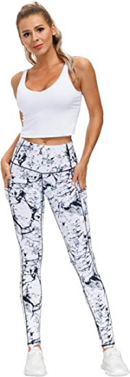 THE GYM PEOPLE Thick High Waist Yoga Pants with Pockets. Tummy Control Workout Running Yoga Leggings for Women. Marble