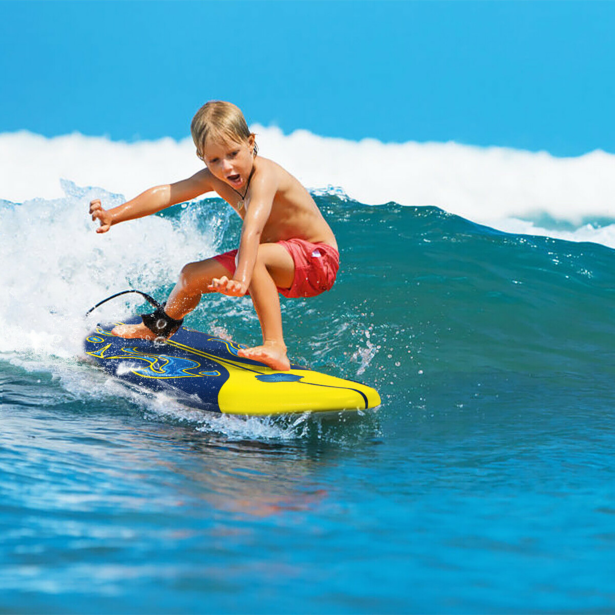 Costway 6′ Surfboard Foamie Body Surfing Board W/3  Fins & Leash for Kids Adults Yellow
