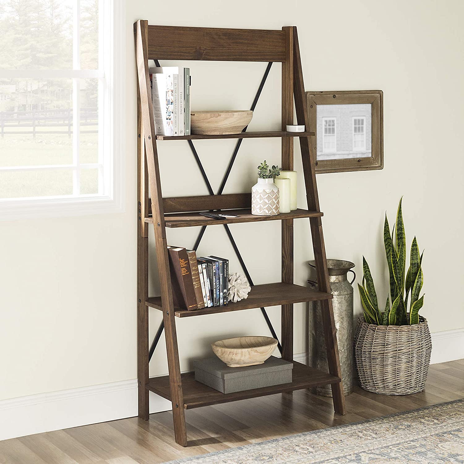 Solid Wood Ladder Bookshelf 68″ - Brown