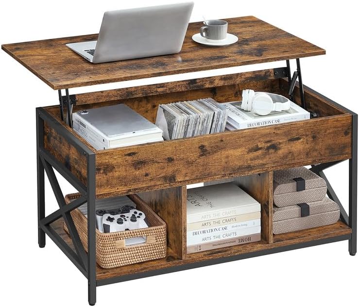 VASAGLE Lift Top Coffee Table for Living Room. Industrial Coffee Table with Hidden Compartments and Storage Shelf. Steel Frame. 19.7 x 39.4 x (19.3-24.4) Inches. Rustic Brown and Black ULCT202B01