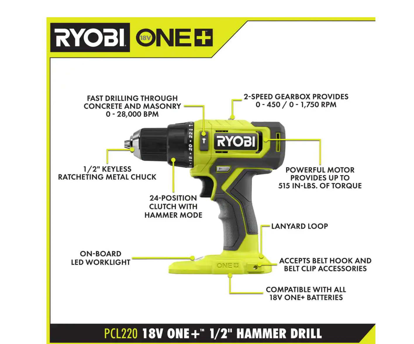 RYOBI PCL220B ONE+ 18V Cordless 1/2 in. Hammer Drill (Tool Only)