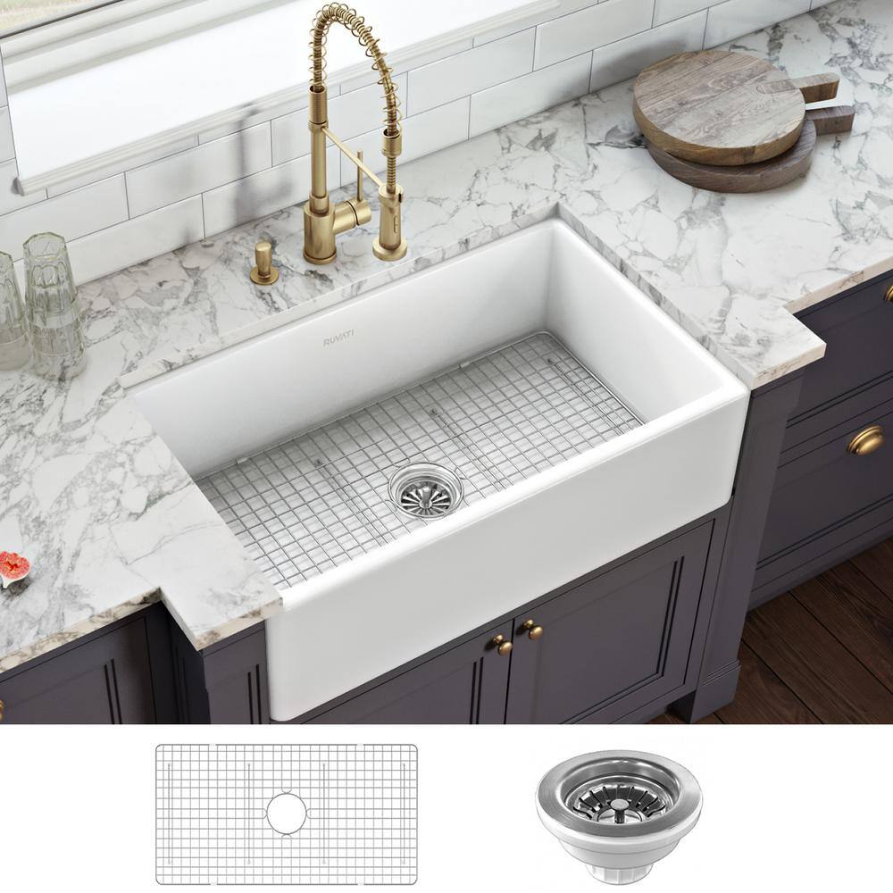 Ruvati 1003280743 30 in. x 20 in. Fireclay Reversible Farmhouse Apron-Front Single Bowl Kitchen Sink in White