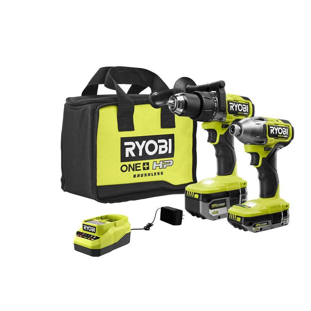 RYOBI PBLCK02K ONE+ HP 18V Brushless Cordless 1/2 in. Hammer Drill and 1/4 in 4-Mode Impact Driver Kit w/ (2) Batteries. Charger. & Bag