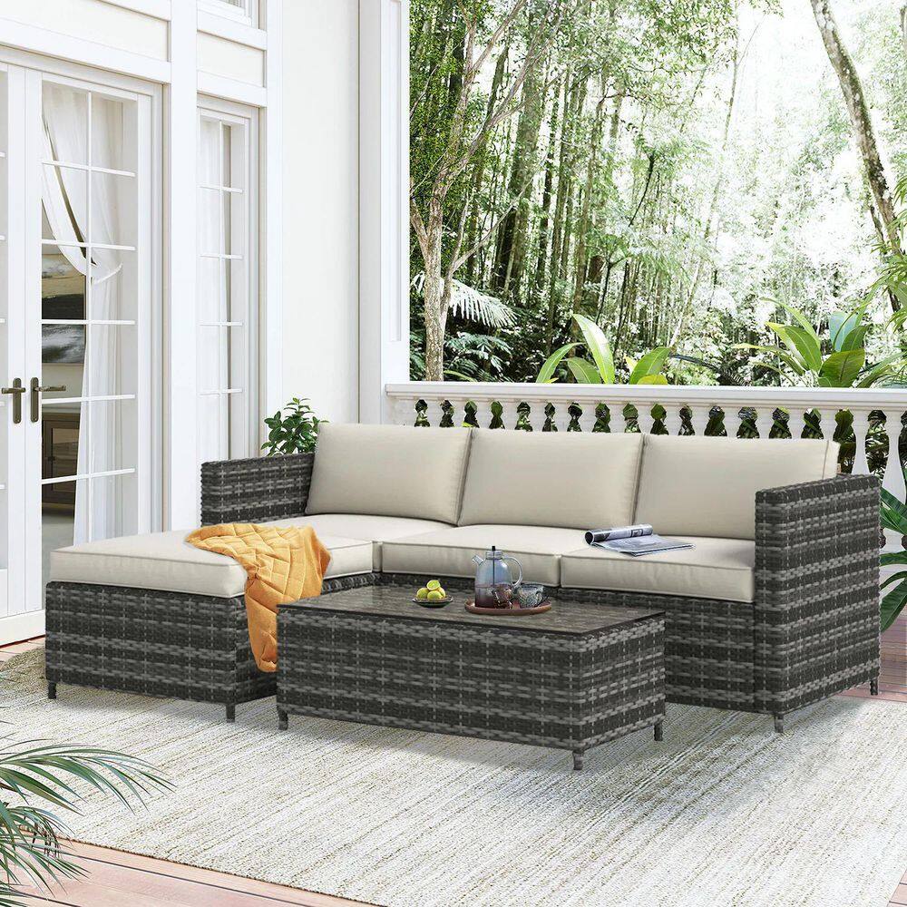 SUNVIVI  Brushed Mixed Gray 5-Piece Wicker Outdoor Sectional Rattan Sofa Sets. Couch Conversation Set & Table with Grey Cushions