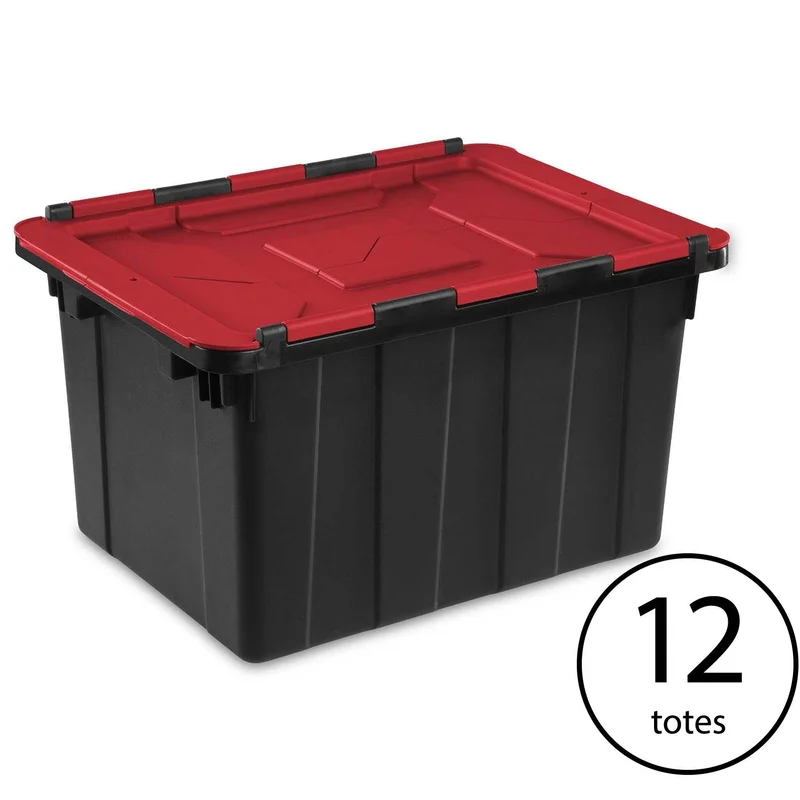 Sterilite 12 Gallon/45 Liter Hinged Lid Industrial Tote. Red Lid (12 Pack)