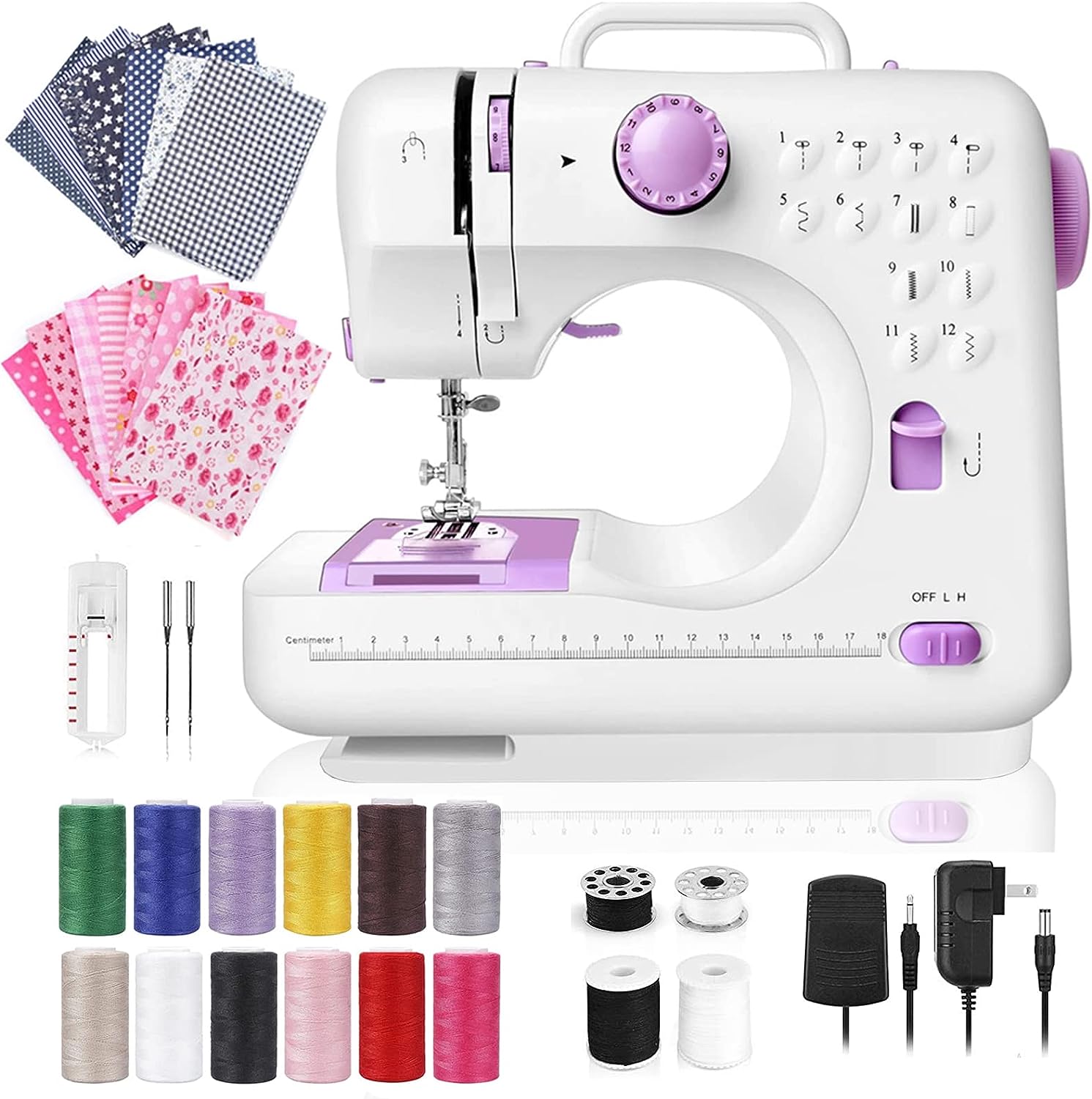 Dechow Sewing Machine for Beginners. Electric Mini Portable. 12 Built-in Stitches with Reverse Sewing. 2 Speeds Double Thread with Foot Pedal. Floral Cotton Fabric and Sewing Threads Set(Purple)