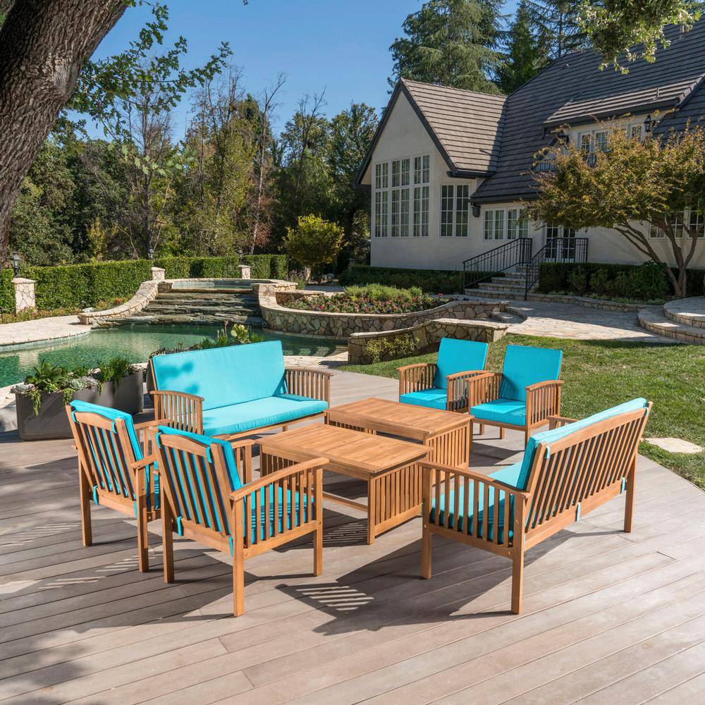 Noble House  Thalia Brown 8-Piece Wood Patio Conversation Set with Teal Cushions