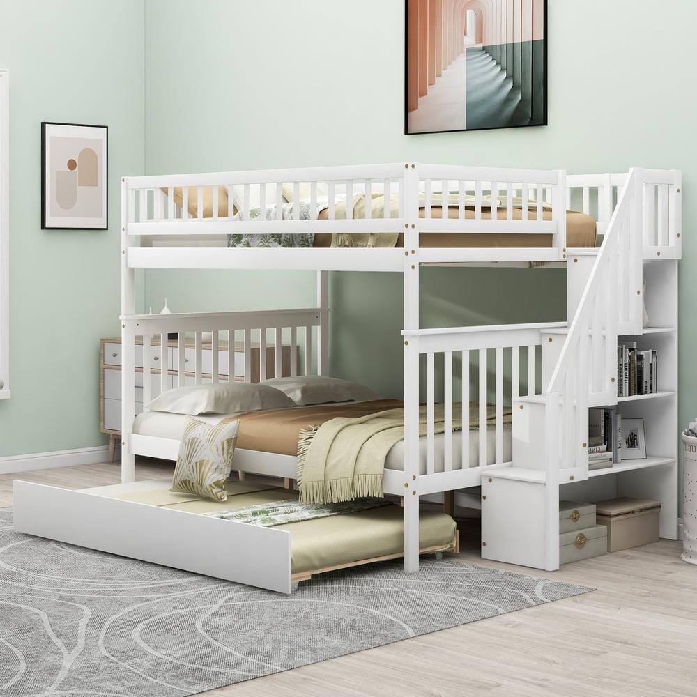 Harper & Bright Designs  Classic White Full over Full Bunk Bed with Trundle and Storage Staircase