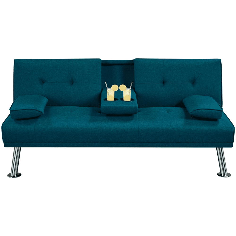Easyfashion Convertible Futon Sofa Bed W/ Chrome Metal Legs & 2 Cup Holders. Aqua Blue