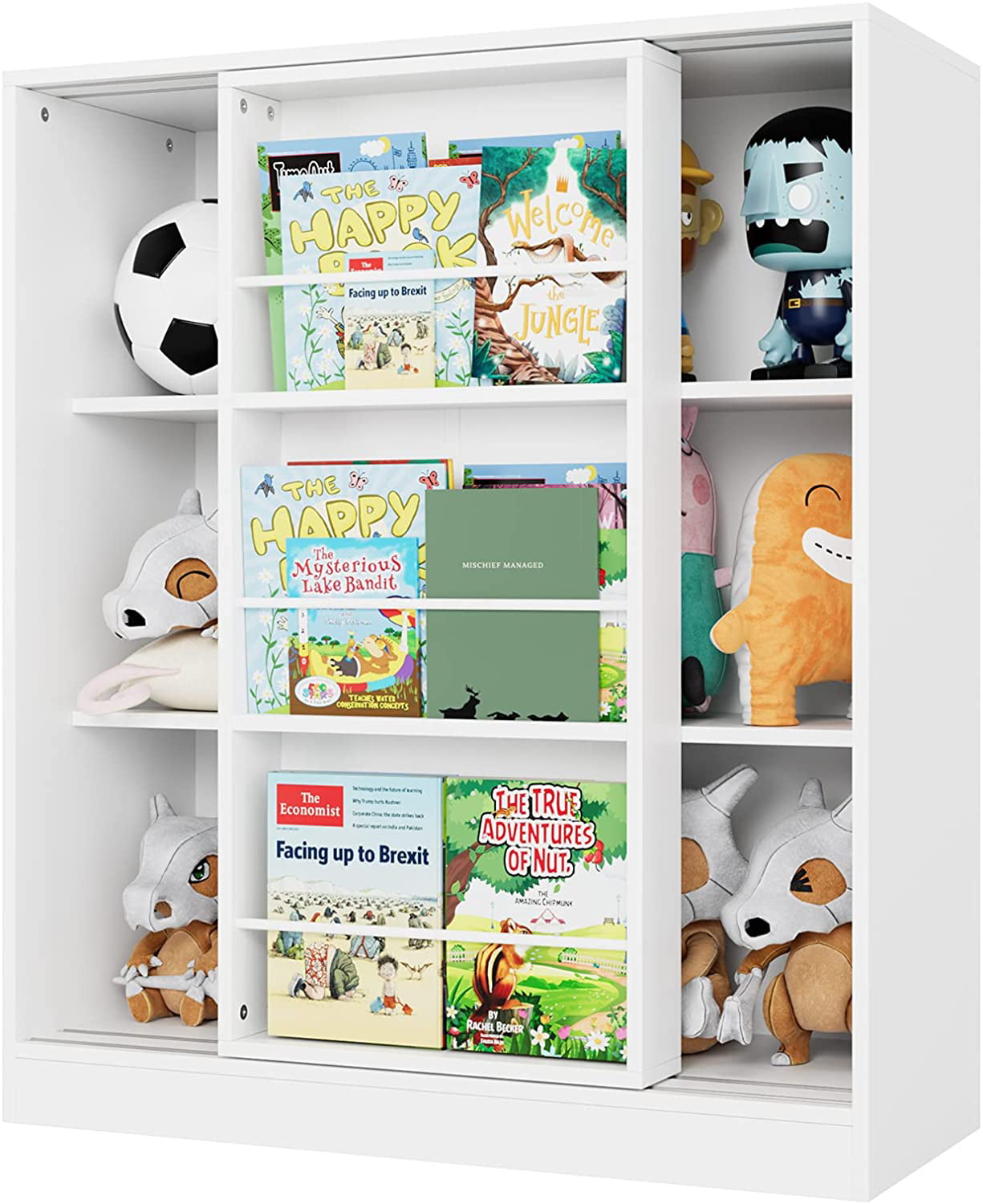 Homfa Kids Bookcase. 3 Tier Toy Organizer with Sliding Door. 6-Cube Storage Cabinet with 3 Display Shelves for Bedroom. Kids Toy Storage Shelf. White