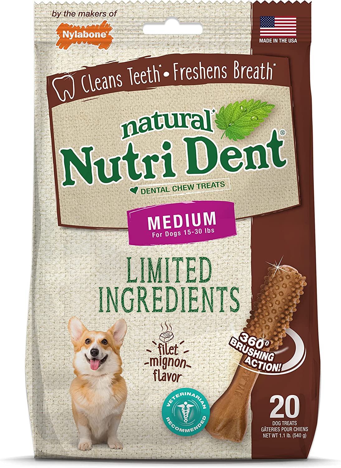 Nylabone Nutri Dent Limited Ingredients Medium Filet Mignon Dental Chews. 19 oz.. Pack of 20