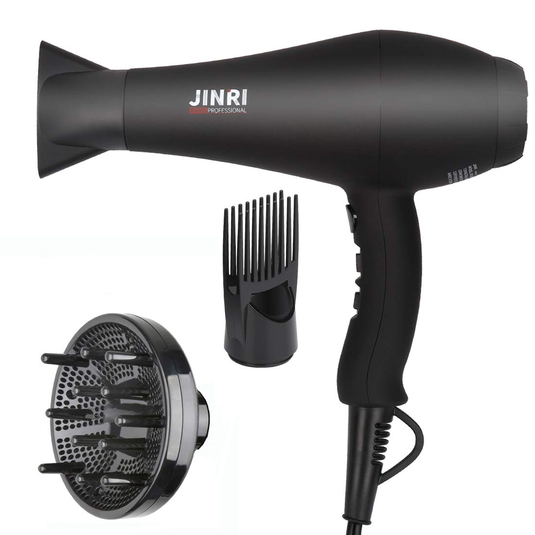 JINRI Hair Dryer 1875W. Negative Ionic Fast Dry Low Noise Blow Dryer. Professional Salon Hair Dryers with Diffuser. Concentrator. Styling Pik. 2 Speed and 3 Heat Settings