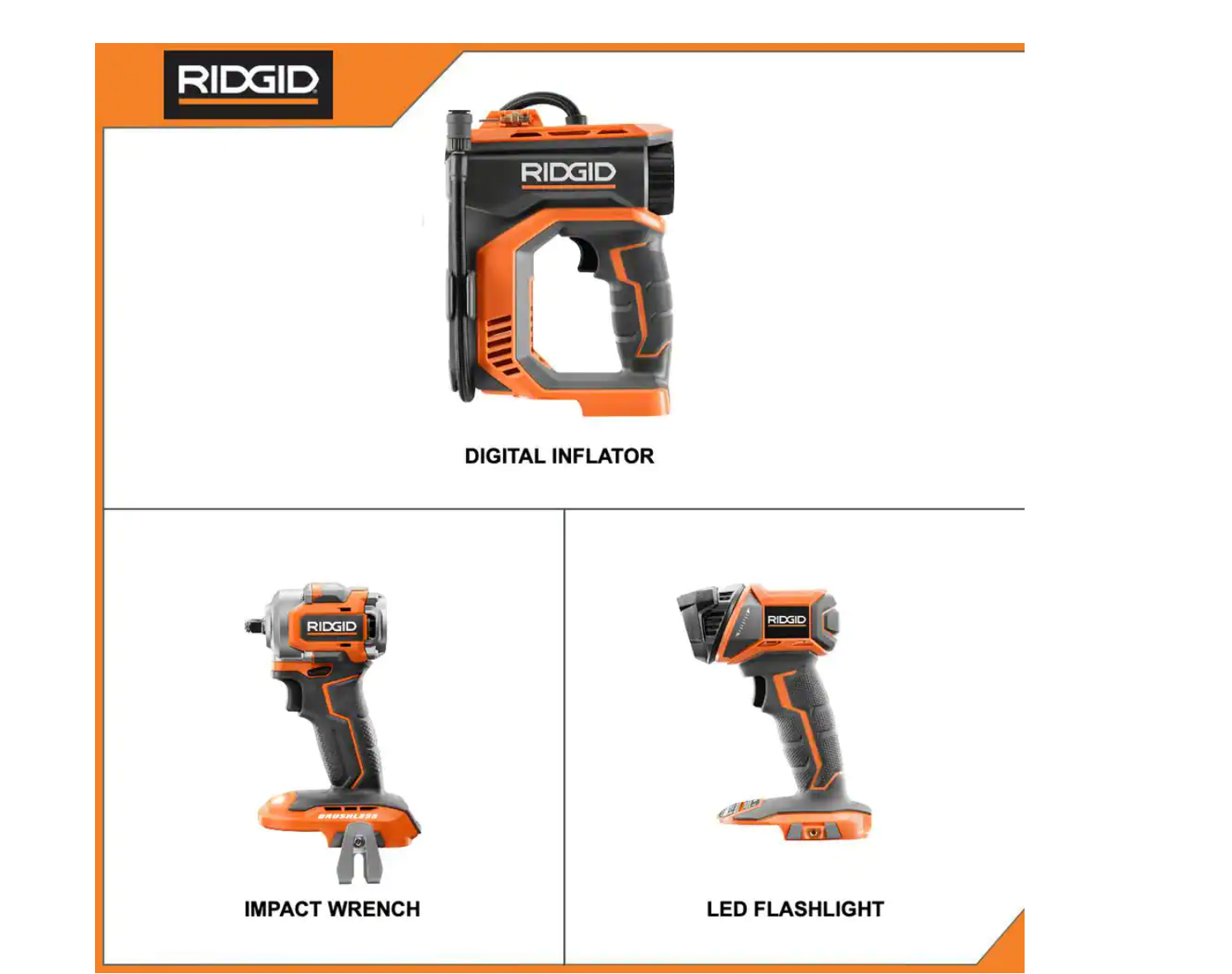 RIDGID R92162SBN-R862311B 18V Cordless 3Tool Combo Kit w/ SubCompact Brushless Impact Wrench. Inflator. & Torch Light (ToolsOnly) w/ Impact Driver