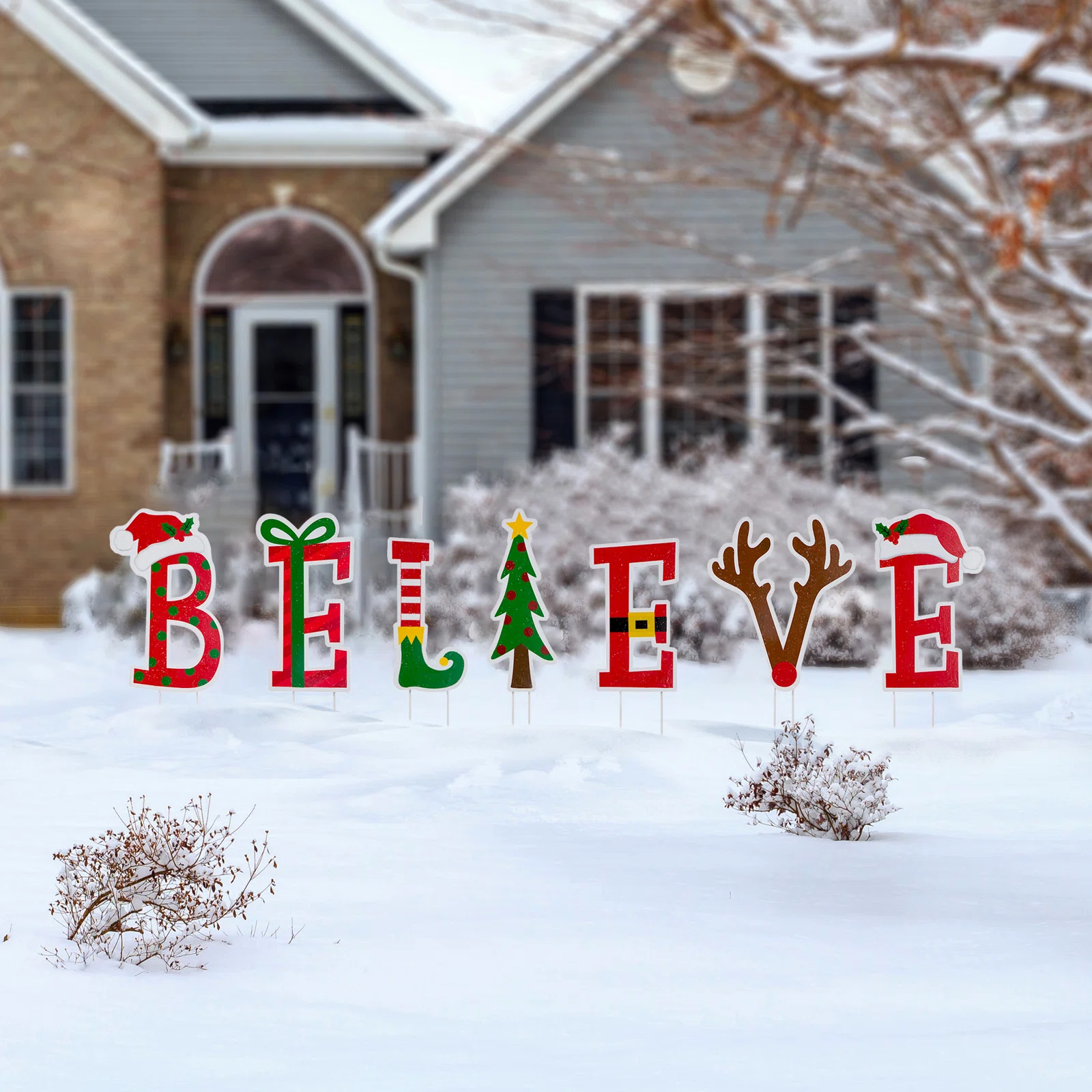 23″H 7-Piece BELIEVE Christmas Yard Stake or Wall Decor Set