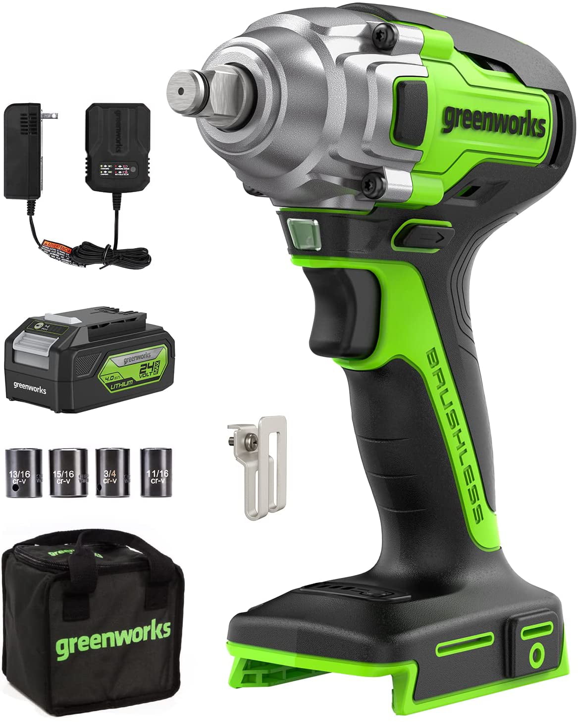Greenworks 24V Brushless 1/2-inch 300 ft./lbs.  Impact Wrench with 4.0Ah Battery & Charger
