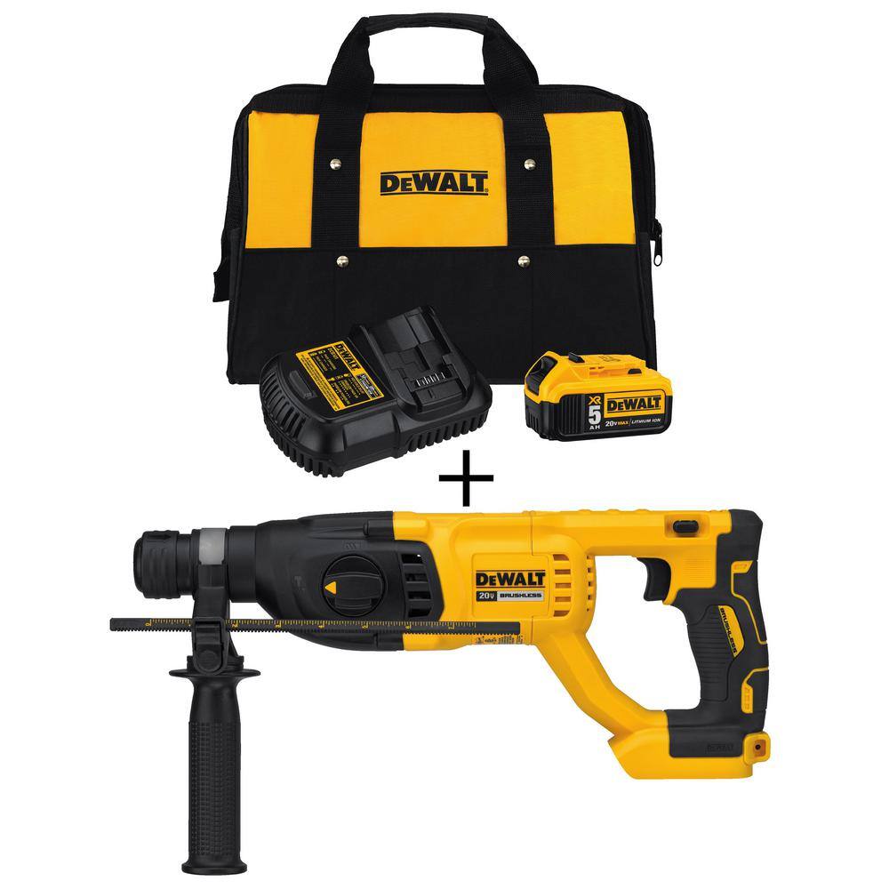 DEWALT DCB205CKW133B 20V MAX Cordless Brushless 1 in. SDS Plus D-Handle Rotary Hammer. (1) 20V Lithium-Ion 5.0Ah Battery. and Charger