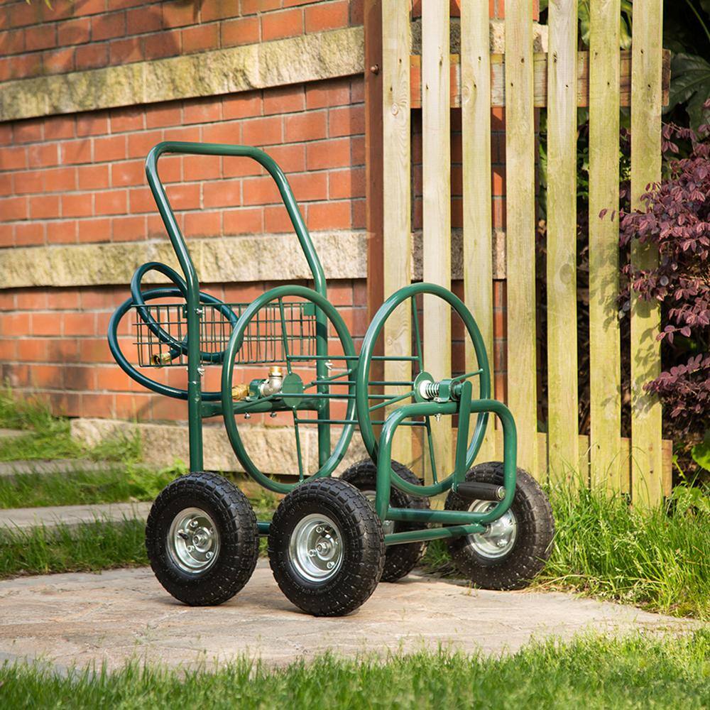 Glitzhome 1429004167 250 ft. Green Steel 4-Wheel Garden Hose Reel Cart