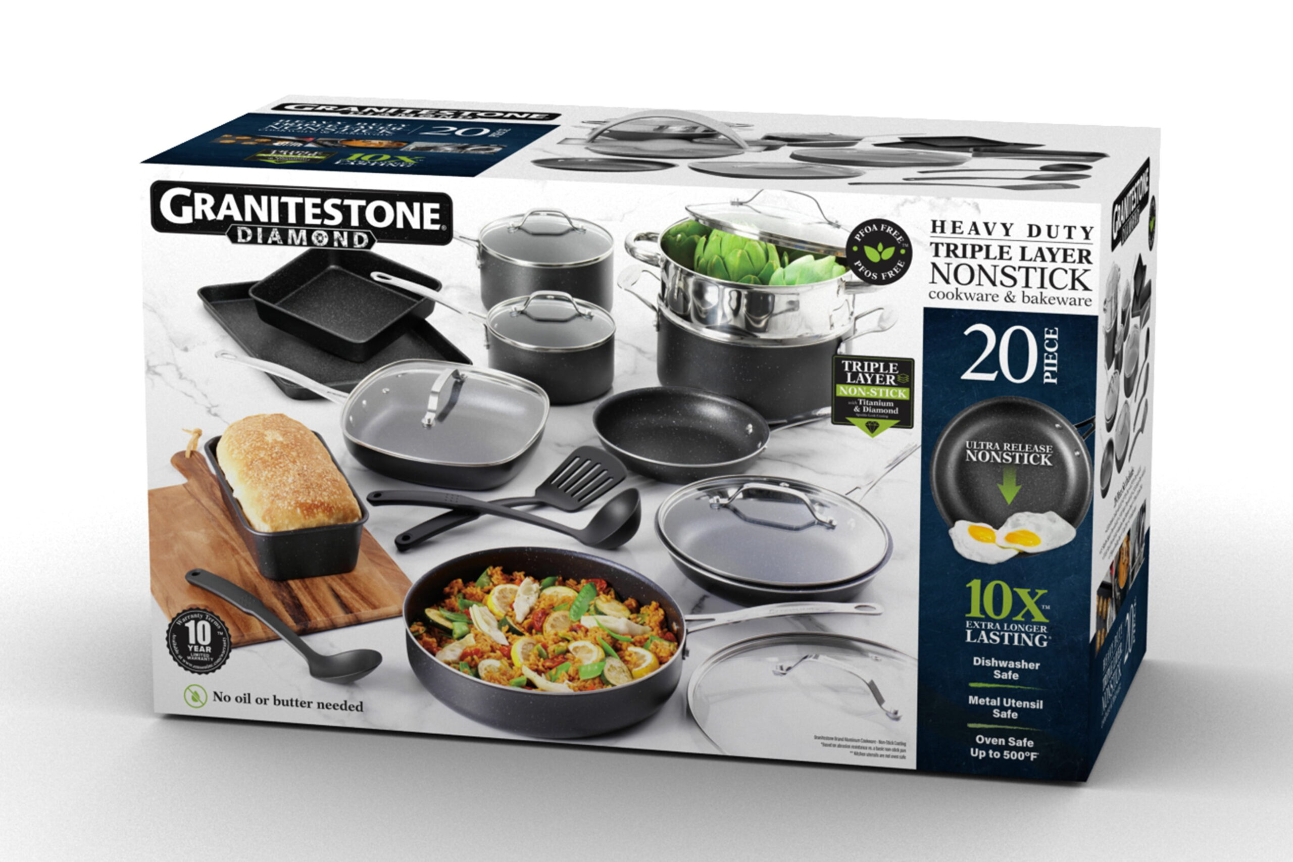 Granite Stone Pots and Pans Set 20 Piece Complete Cookware Bakeware Set Nonstick Dishwasher Oven Safe Black