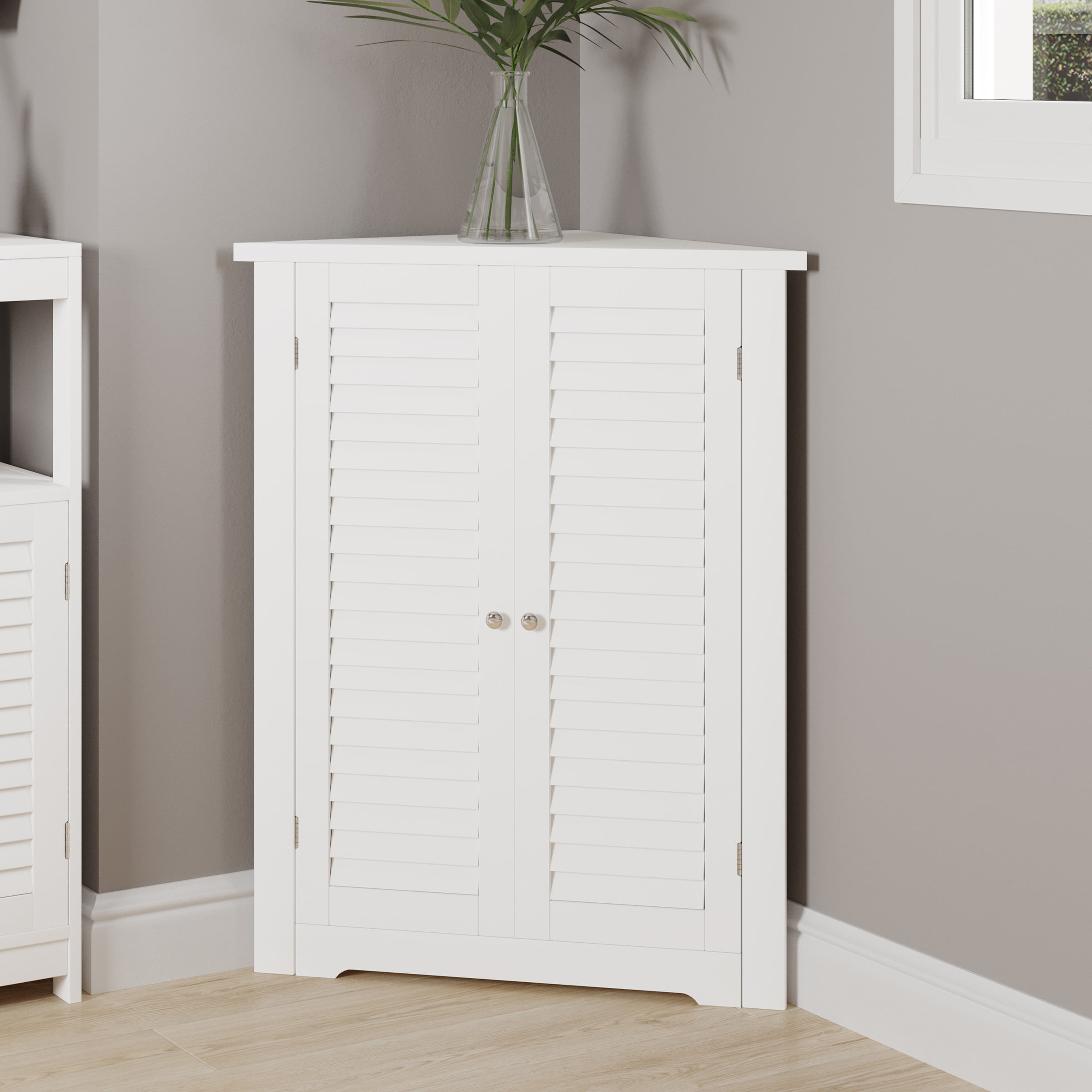 Lavish Home 3-Shelf Corner Storage Cabinet with Shutter Doors and Adjustable Shelves. White