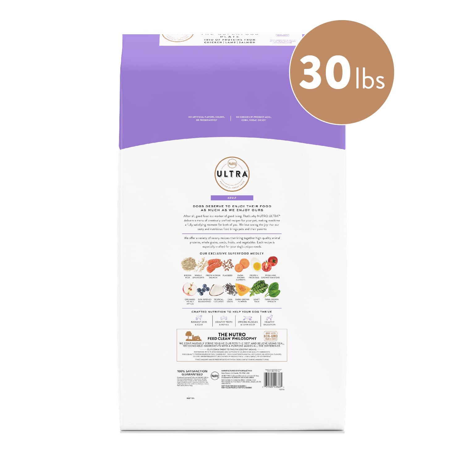 NUTRO ULTRA Adult High Protein Natural Dry Dog Food with a Trio of Proteins from Chicken. Lamb and Salmon. 30 lb. Bag