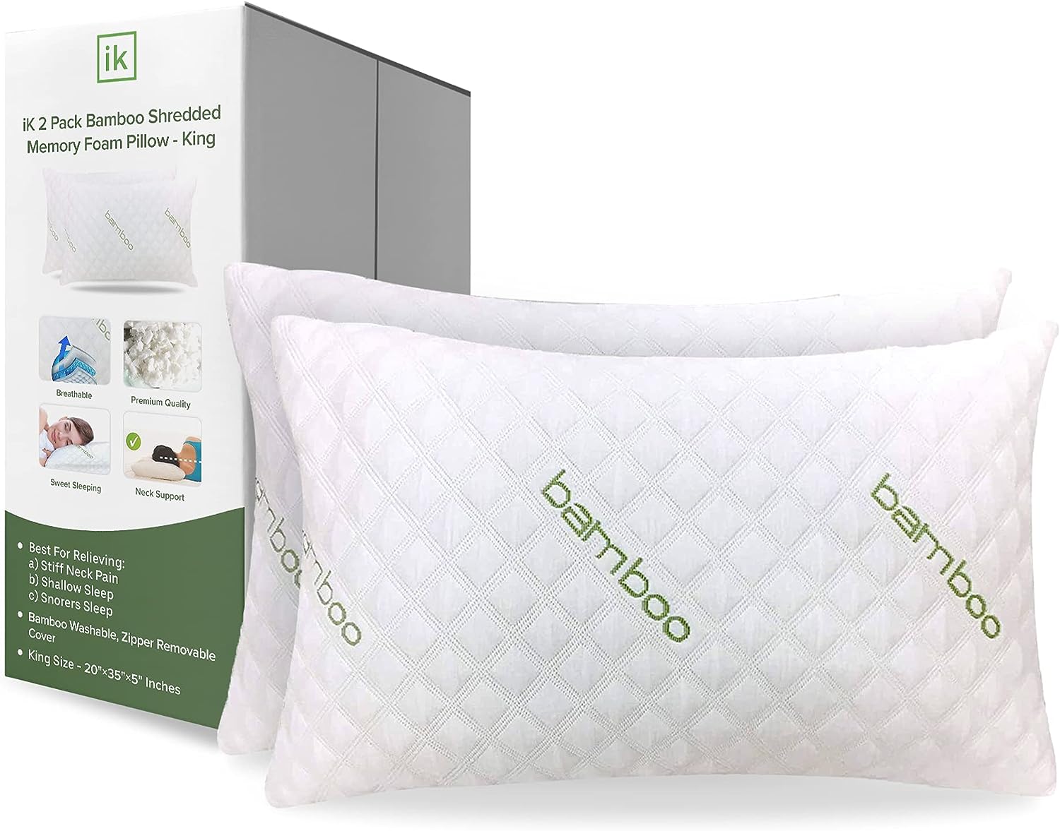 ik Bamboo Pillow - King Size Set of 2 Adjustable Shredded Memory Foam Neck Support Bed Pillow for Side. Back and Stomach Sleepers - Breathable Pillows for Sleeping with Washable Cover