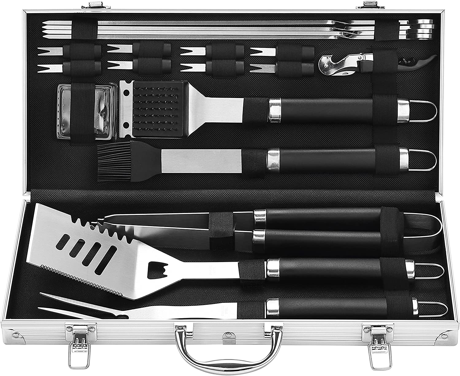 Grilljoy 20PCS BBQ Grill Tools Set - Extra Thick Stainless Steel Fork. Spatula. Tongs& Cleaning Brush - Complete Barbecue Grilling Utensils Set in Aluminum Storage Case - Perfect Grill Gifts for Men