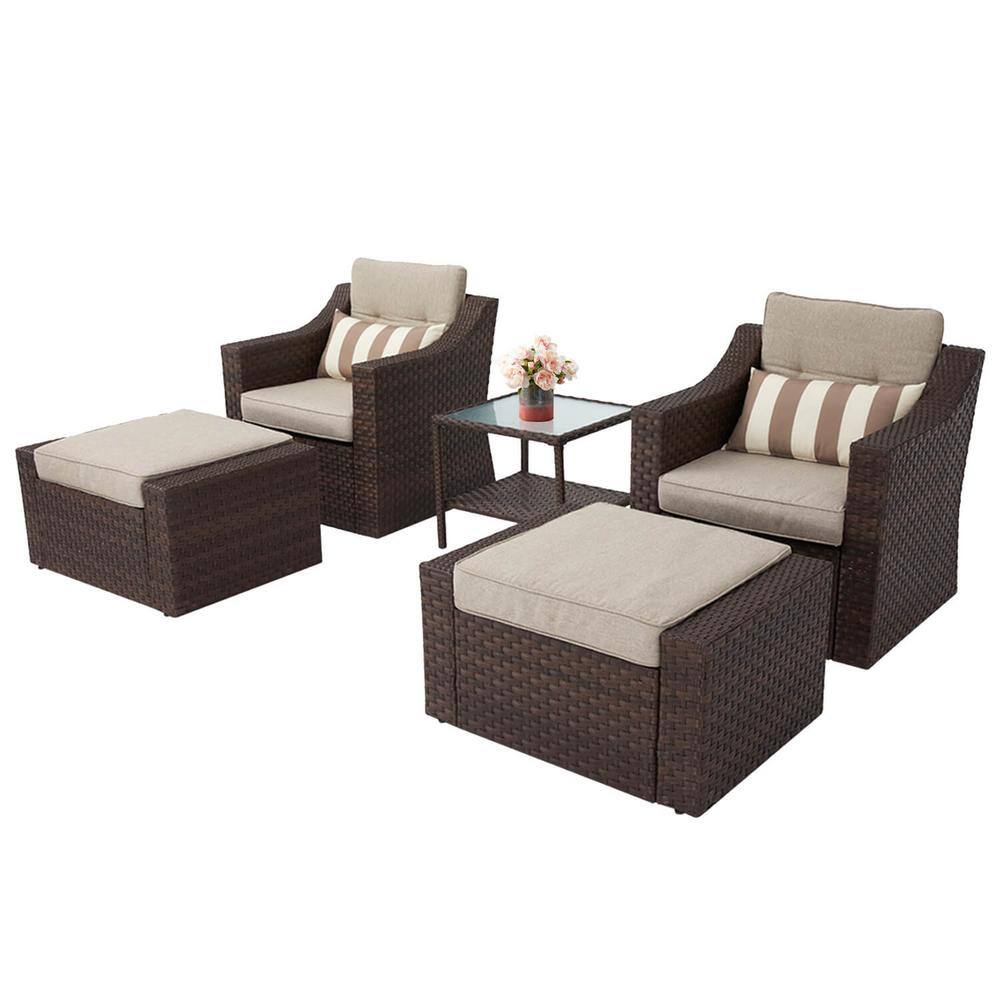 Suncrown  Brown 5-Piece Wicker Patio Conversation Set with Beige Cushions