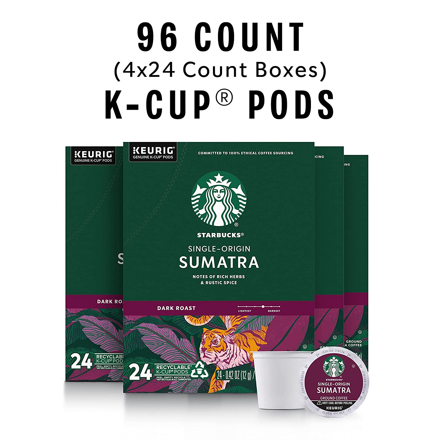 Starbucks K-Cup Coffee Pods. Dark Roast Coffee. Sumatra for Keurig Brewers 100% Arabica. 4 boxes (96 pods total)