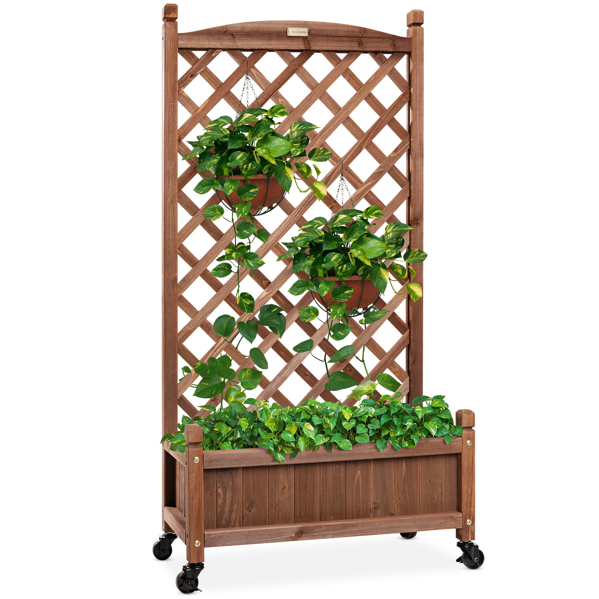 Best Choice Products 60in Mobile Wood Planter Box & Diamond Lattice Trellis. w/ Drainage Holes. Optional Wheels - Walnut
