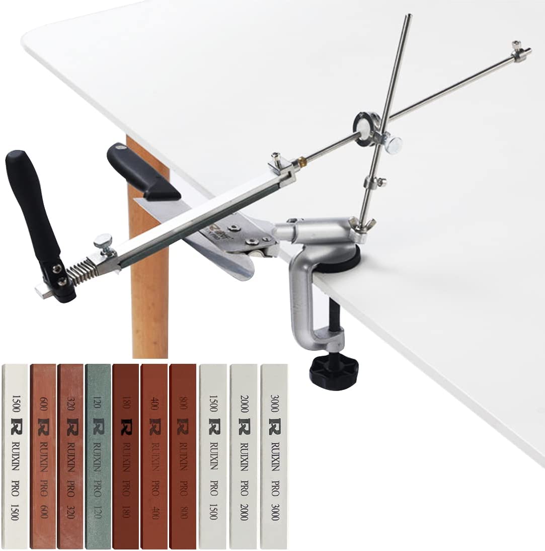 MOVIRON RUIXIN PRO RX-008 Professional Knife Sharpener with 10 Whetstones. 360° Rotation Flip Design Fixed-Angle Stainless Steel Kitchen Chef Knife Sharpening Kit Abrasive Holding System Tools