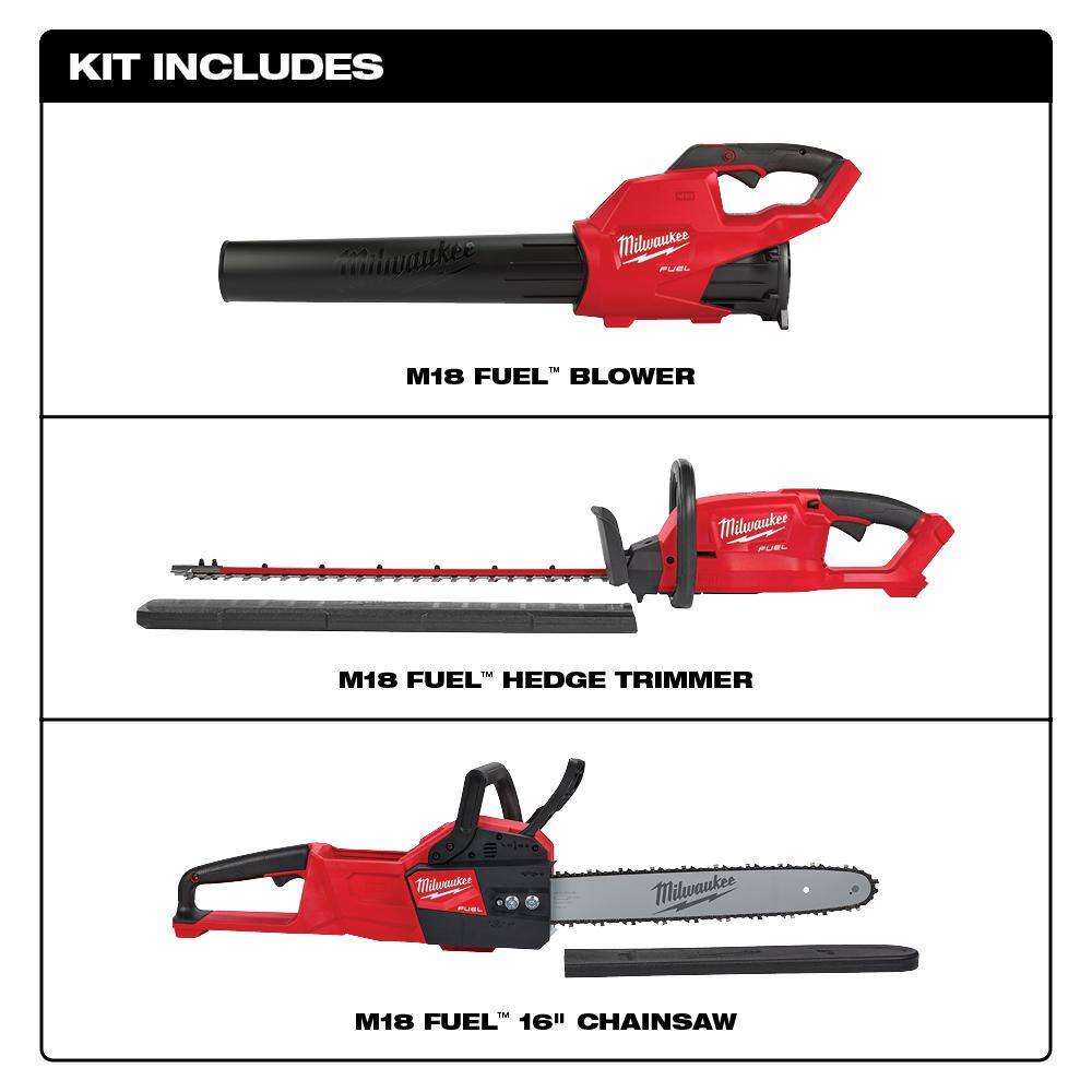 Milwaukee 2724-20-2726-20-2727-20 M18 FUEL 18V Cordless Lithium Ion Blower/Chainsaw/Hedge Trimmer Combo Kit (3-Tool)