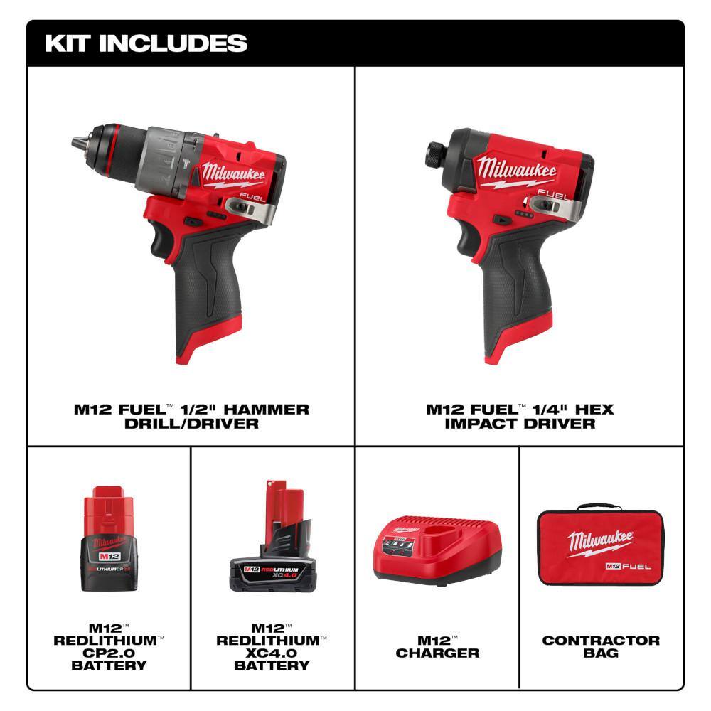 Milwaukee 3497-22 M12 FUEL 12-Volt Lithium-Ion Brushless Cordless Hammer Drill and Impact Driver Combo Kit w/2 Batteries and Bag (2-Tool)