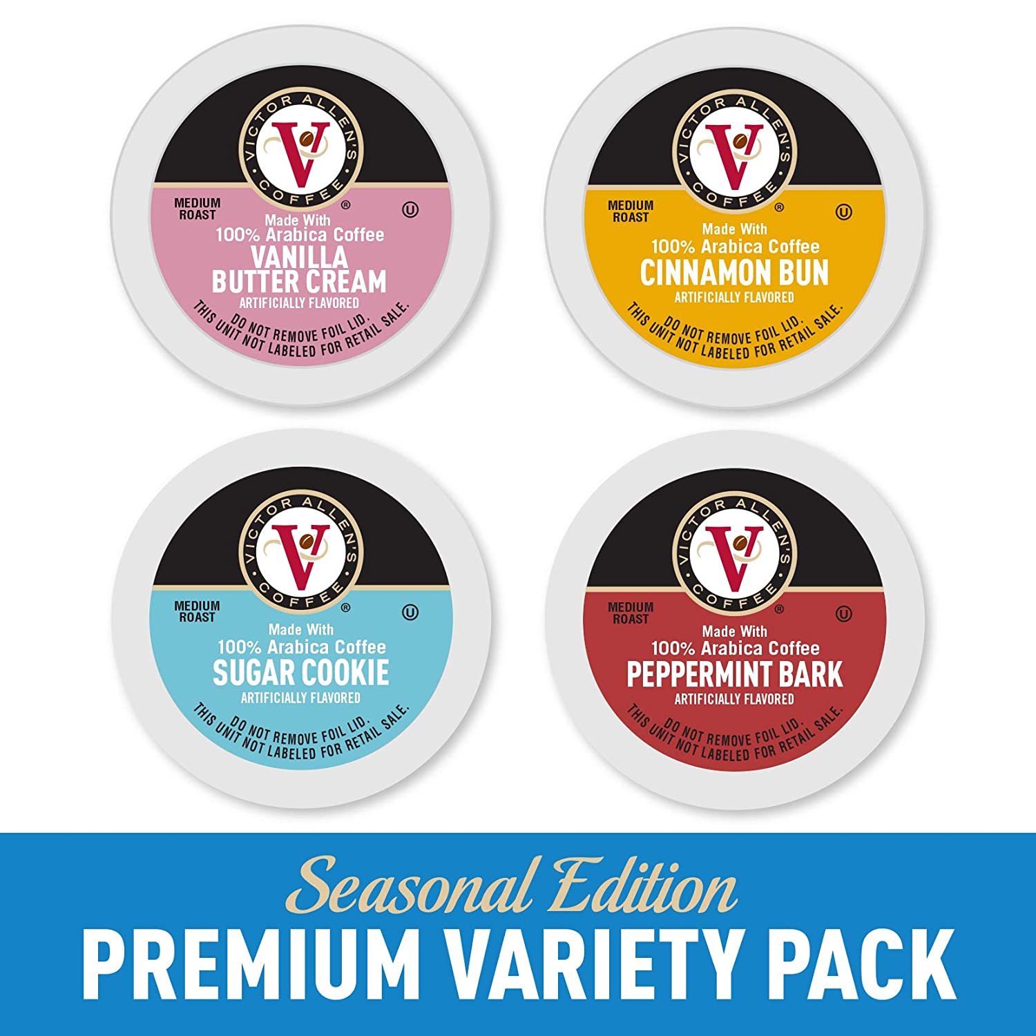 Victor Allen-s FG014973 Coffee Flavored Variety Pack. Peppermint Bark. Cinnamon Bun. Sugar Cookie. Vanilla Buttercream. Single Serve Coffee Pods for Keurig K-Cup Brewers. Winter Wonderland. 96 Count