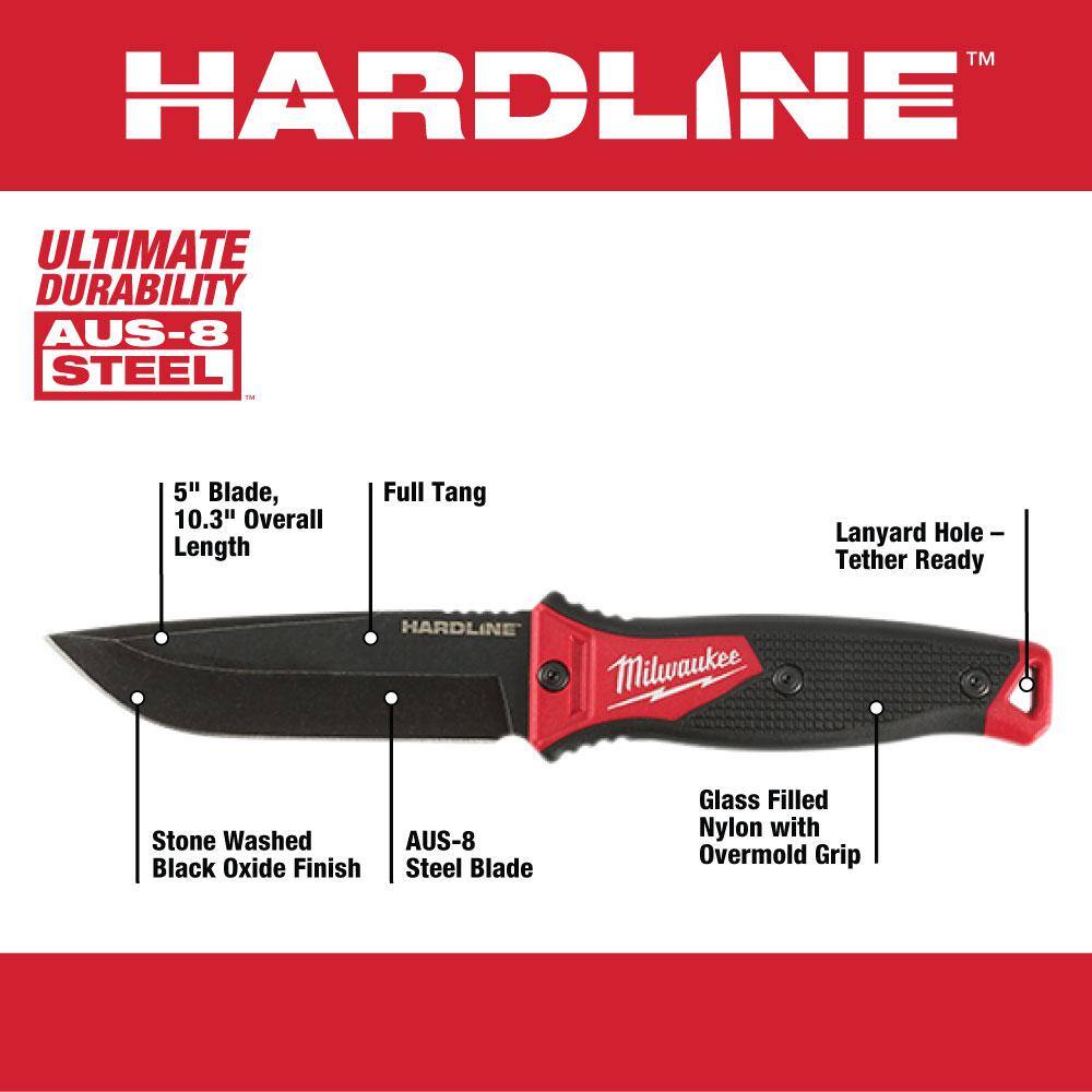 Milwaukee 48-22-1928-48-22-9725 Hardline 5 in. AUS-8 Steel Fixed Blade Knife with 2 5 ft. x 1.3 in. Gen II STUD Tape Measure (2-Piece)