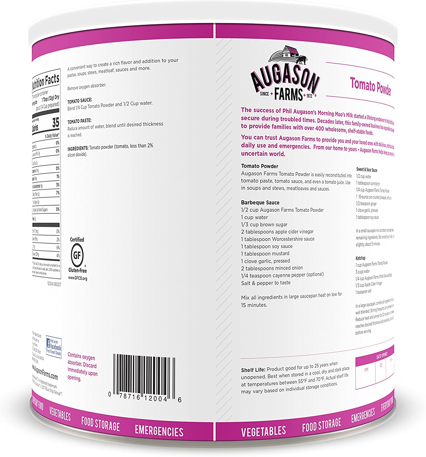 Augason Farms Tomato Powder Emergency Food Storage 3 lbs 10 oz No. 10 Can