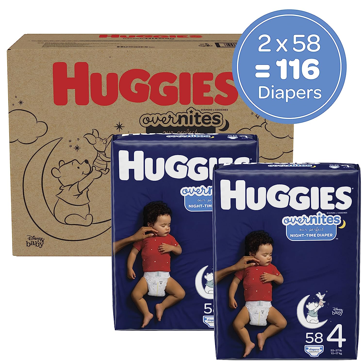 Huggies Overnites Nighttime Baby Diapers. Size 4 (22-37 lbs). 116 Ct