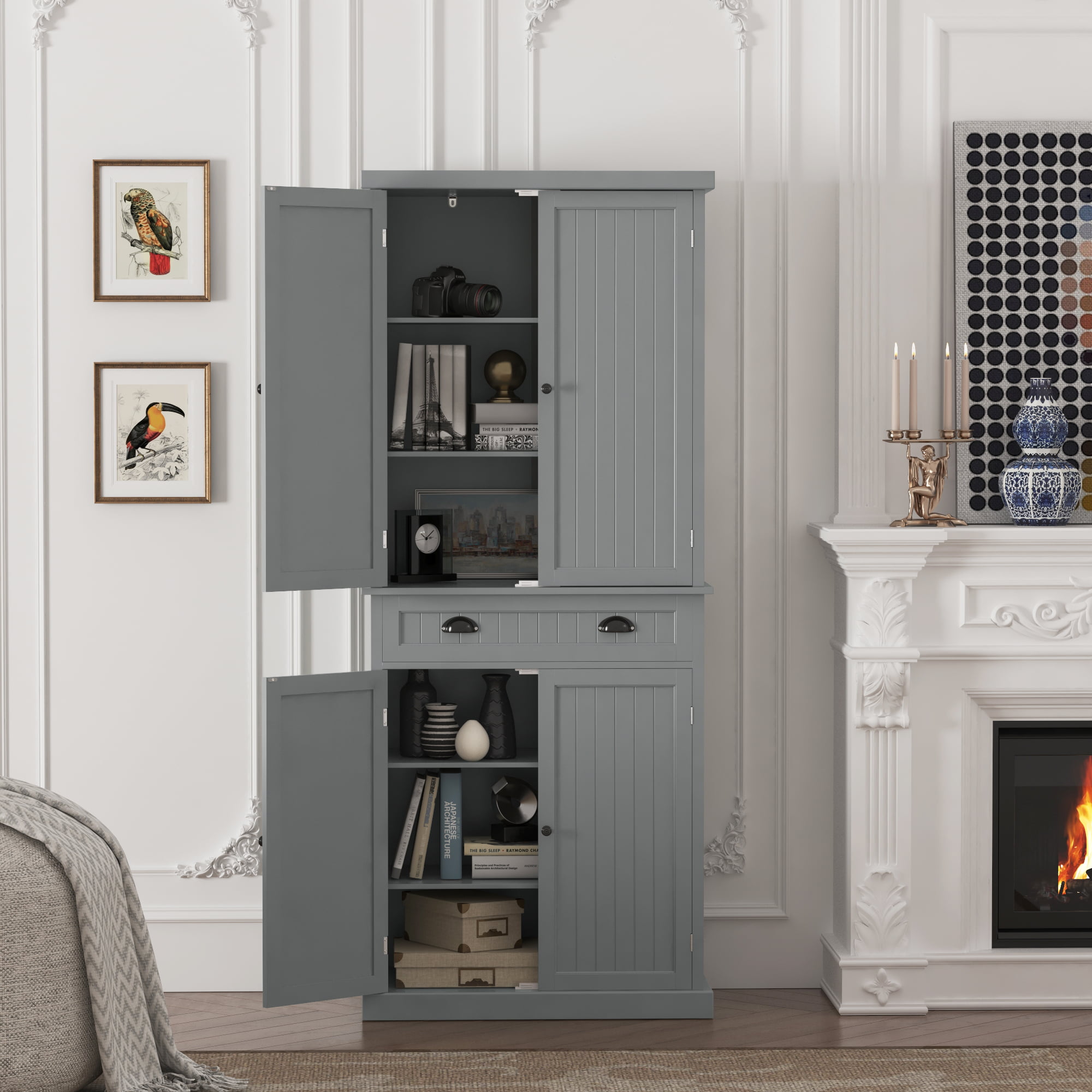 HOMEFORT 72″ Traditional Freestanding Kitchen Pantry Cabinet Cupboard with Doors and 3 Adjustable Shelves. Gray