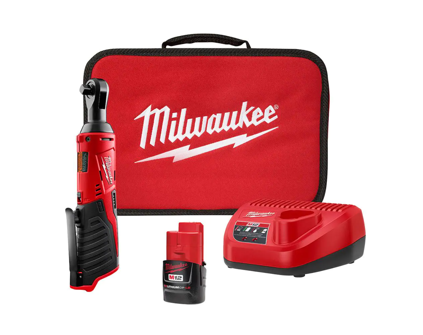 Milwaukee 2457-21 M12 12-Volt Lithium-Ion Cordless 3/8 in. Ratchet Kit with One 1.5 Ah Battery. Charger and Tool Bag