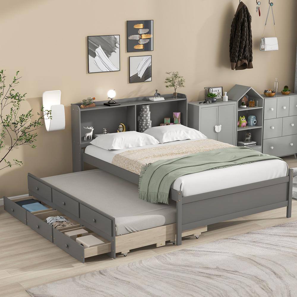 Harper & Bright Designs  Gray Wood Frame Full Size Platform Bed with Bookcase. Trundle and 3-Drawers