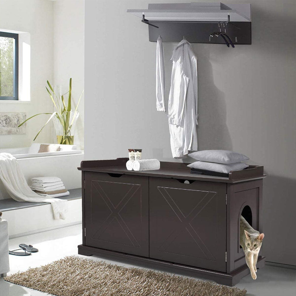 Wooden Indoor Cat Litter Box Enclosure Cabinet. Furniture Side Table Storage Bench for Living Room