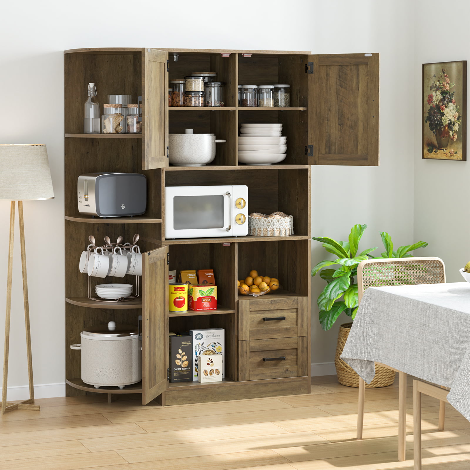 Homfa Pantry Storage Cabinet with Adjustable Shelves. Freestanding Tall Wooden Buffet Sideboard for Kitchen and Dining Room. Rustic Brown